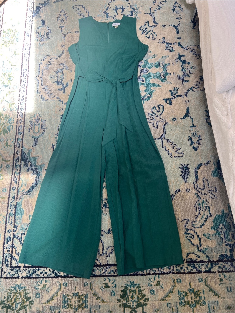 Calvin Klein jumper Sleeveless Wide-Leg Jumpsuit with Tie Waist - Teal Green